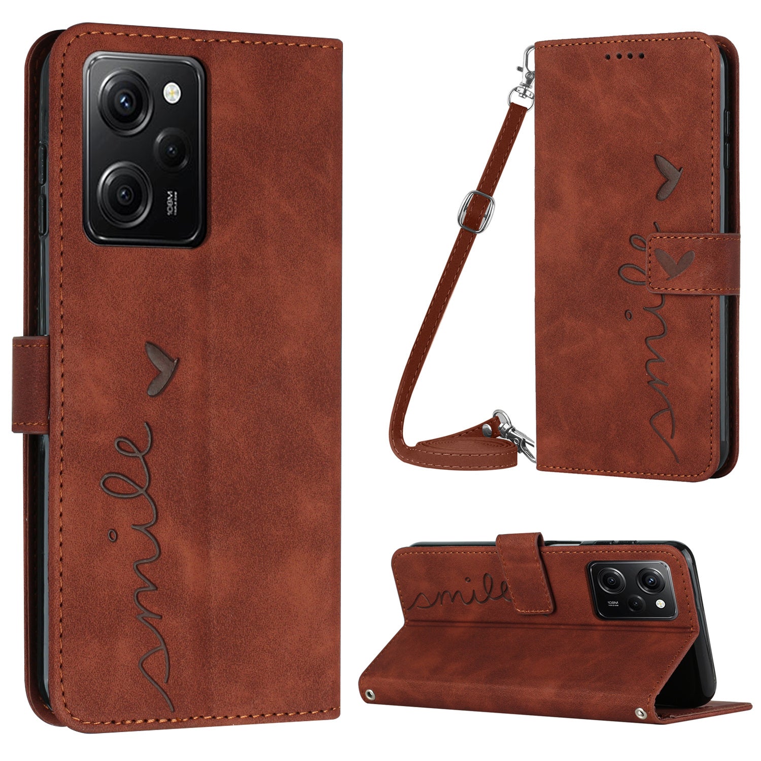 For Xiaomi Redmi Note 12 Pro Speed 5G Poco X5 Pro 5G Phone Stand Case Heart Shape Leather Wallet Cover with Shoulder Strap For Xiaomi Redmi Note 12 Pro Speed 5G Poco X5 Pro 5G Phone Stand Case Heart Shape Leather Wallet Cover with Shoulder Strap